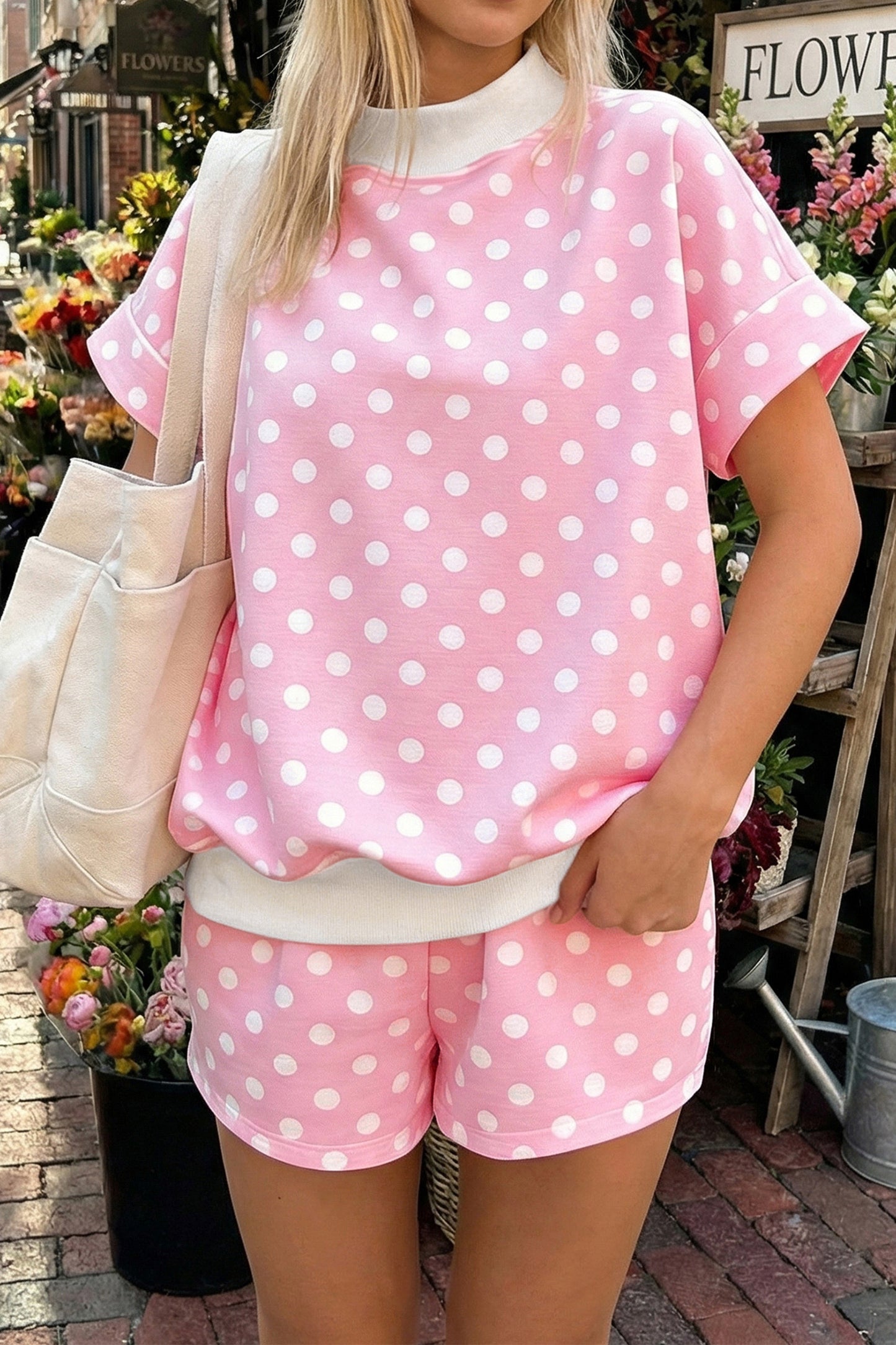 Polka Dot Mock Neck Two-Piece Short Set Women S–XL