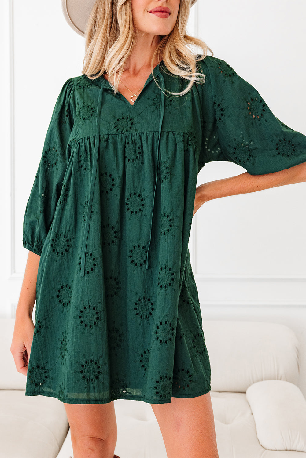 Green Embroidered Eyelet Pattern 3/4 Puffy Sleeve Swing Mini Dress