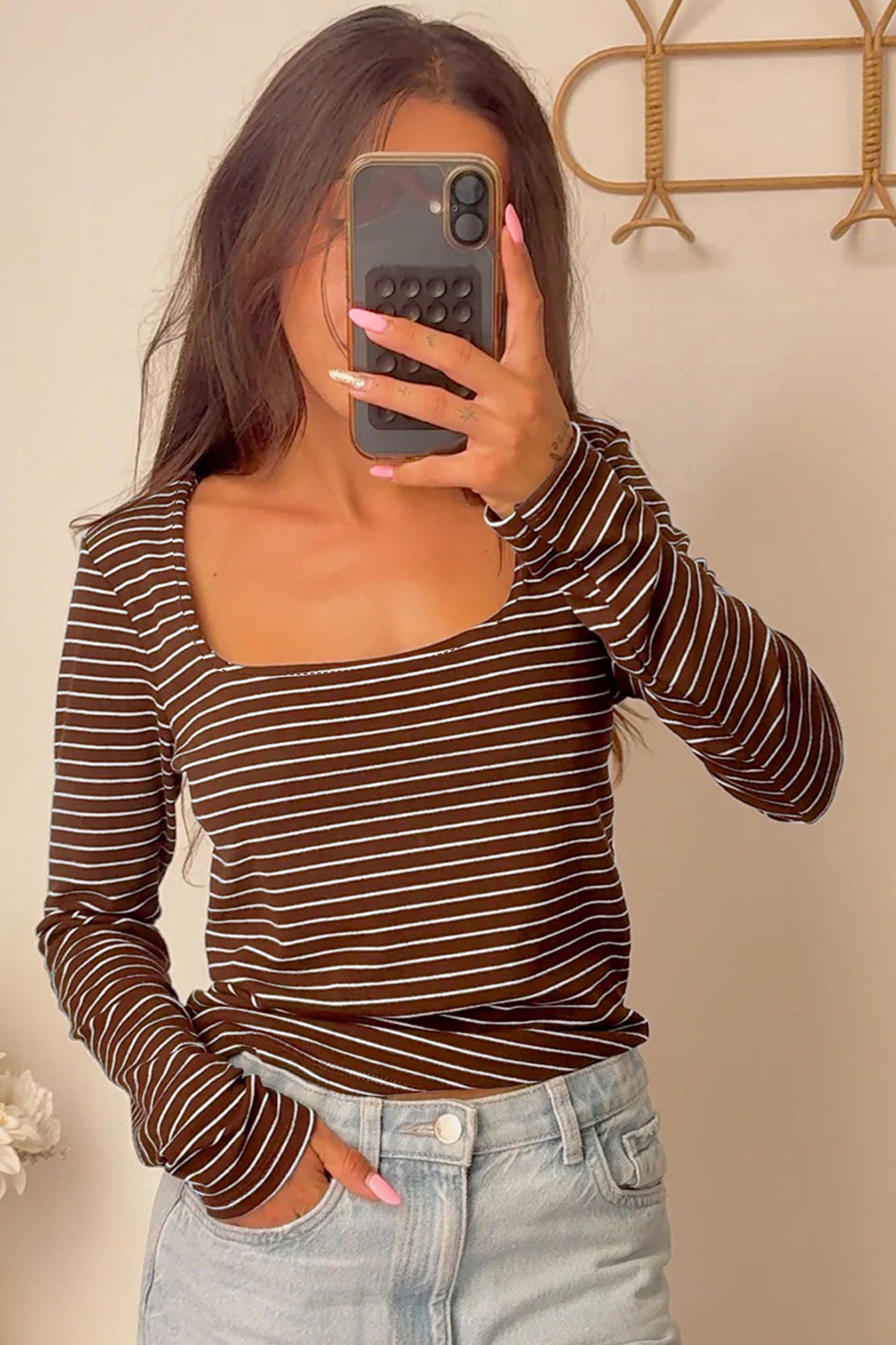 Striped Square Neck Long Sleeve Top