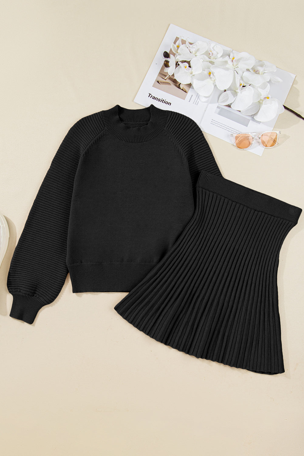 Black & Tan High Neck Puff Sleeve Sweater Pleated Mini Skirt 2-Piece Knit Set