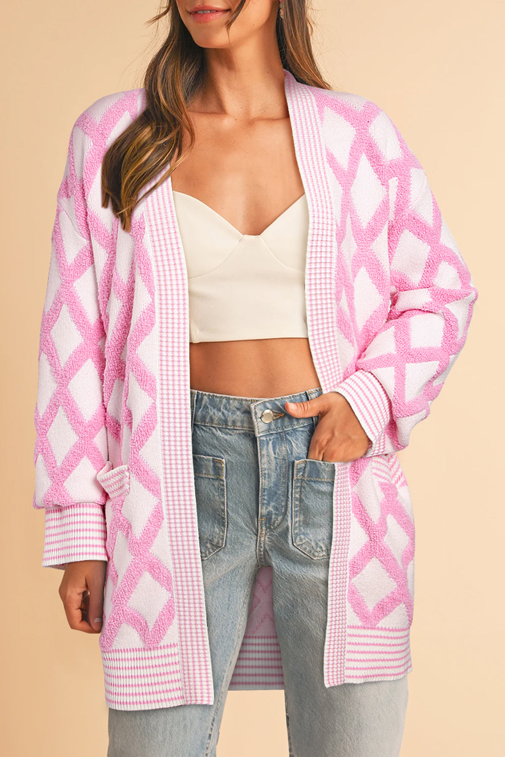 Pink Rhombus Pattern Knit Open Front Pocketed Cardigan