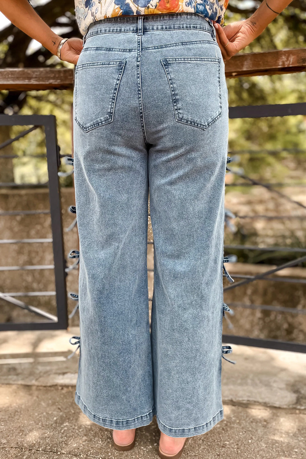 Light Blue Bow Knot Side Detail High Waist Straight Leg Jeans