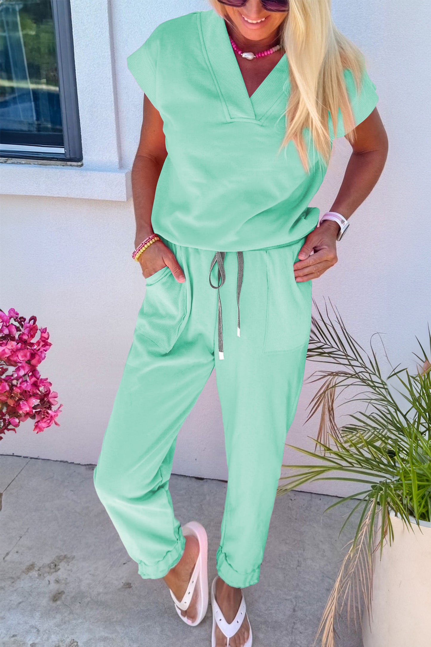 V-Neck Tee & Drawstring Pant Lounge Set | Pink, Mint, Apricot & Blue | S–XL