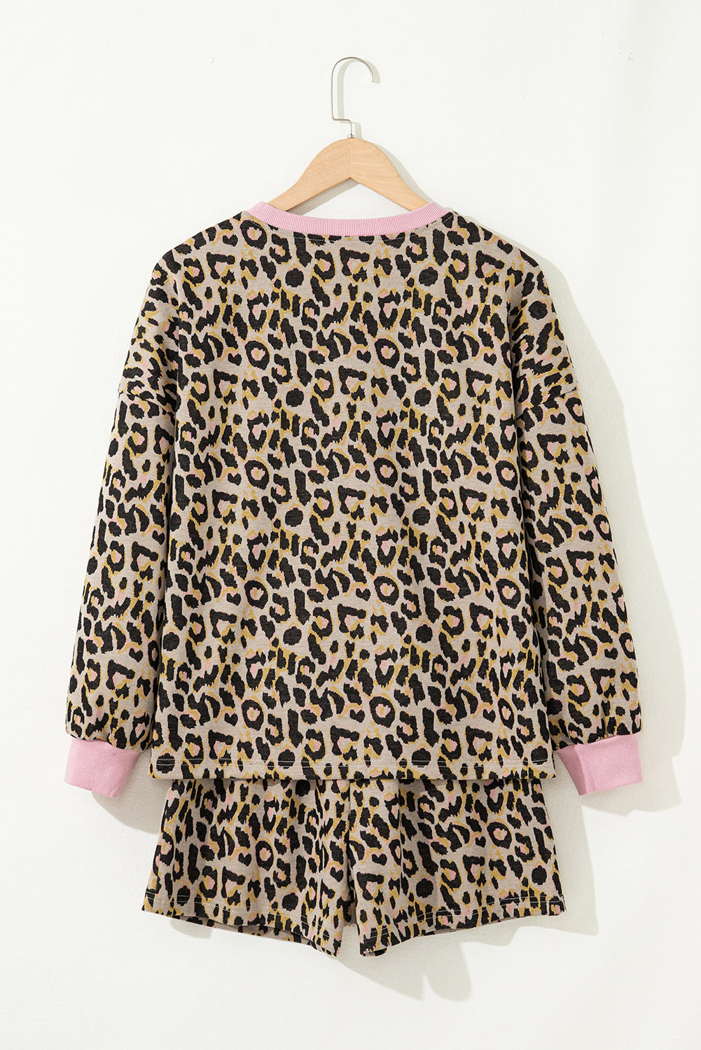 Leopard Print Contrast-Trim Long-Sleeve Pullover & Shorts Set | Pink