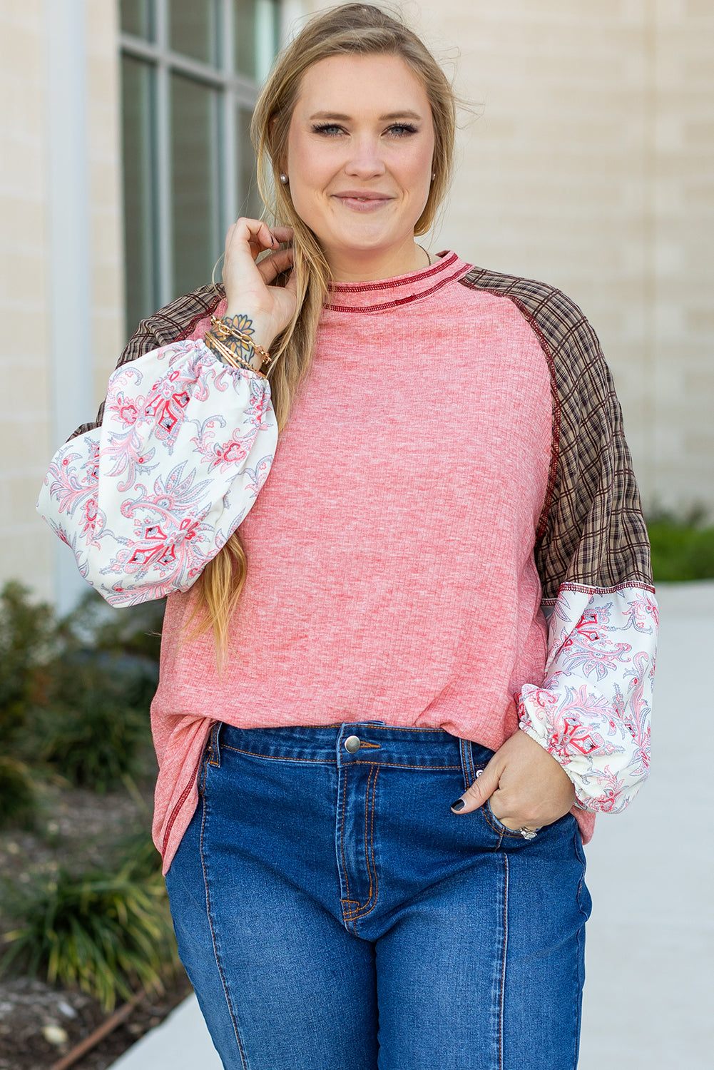 Paisley Patchwork Raglan Sleeve Ribbed Knit Top – Pink Plus Size 1X–4X