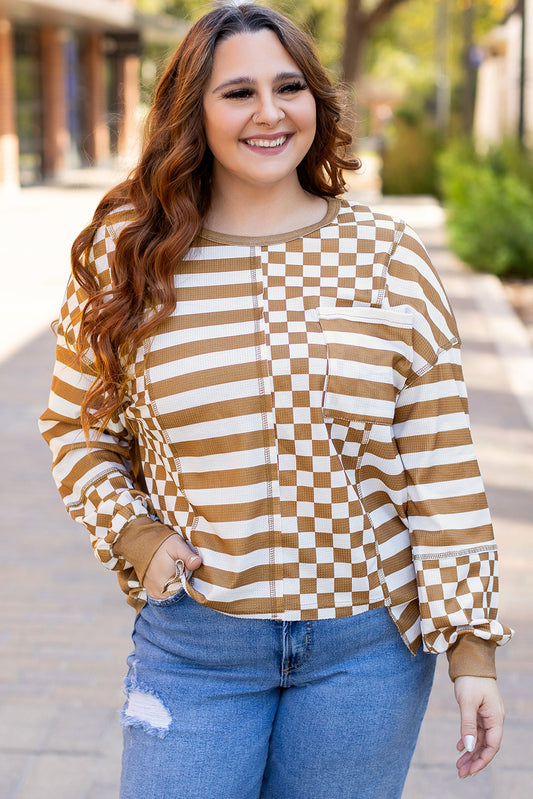 Striped Checkered Mixed Print Chest Pocket Top | Khaki | 1X–4X