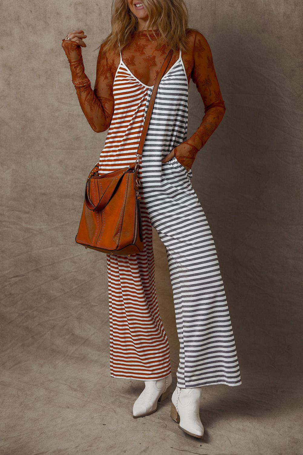 Khaki Stripe Two Tone Contrast Spaghetti Strap Backless Jumpsuit