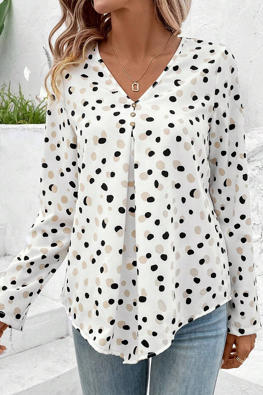 Polka Dot V-Neck Blouse – Sage & White Women S–XL