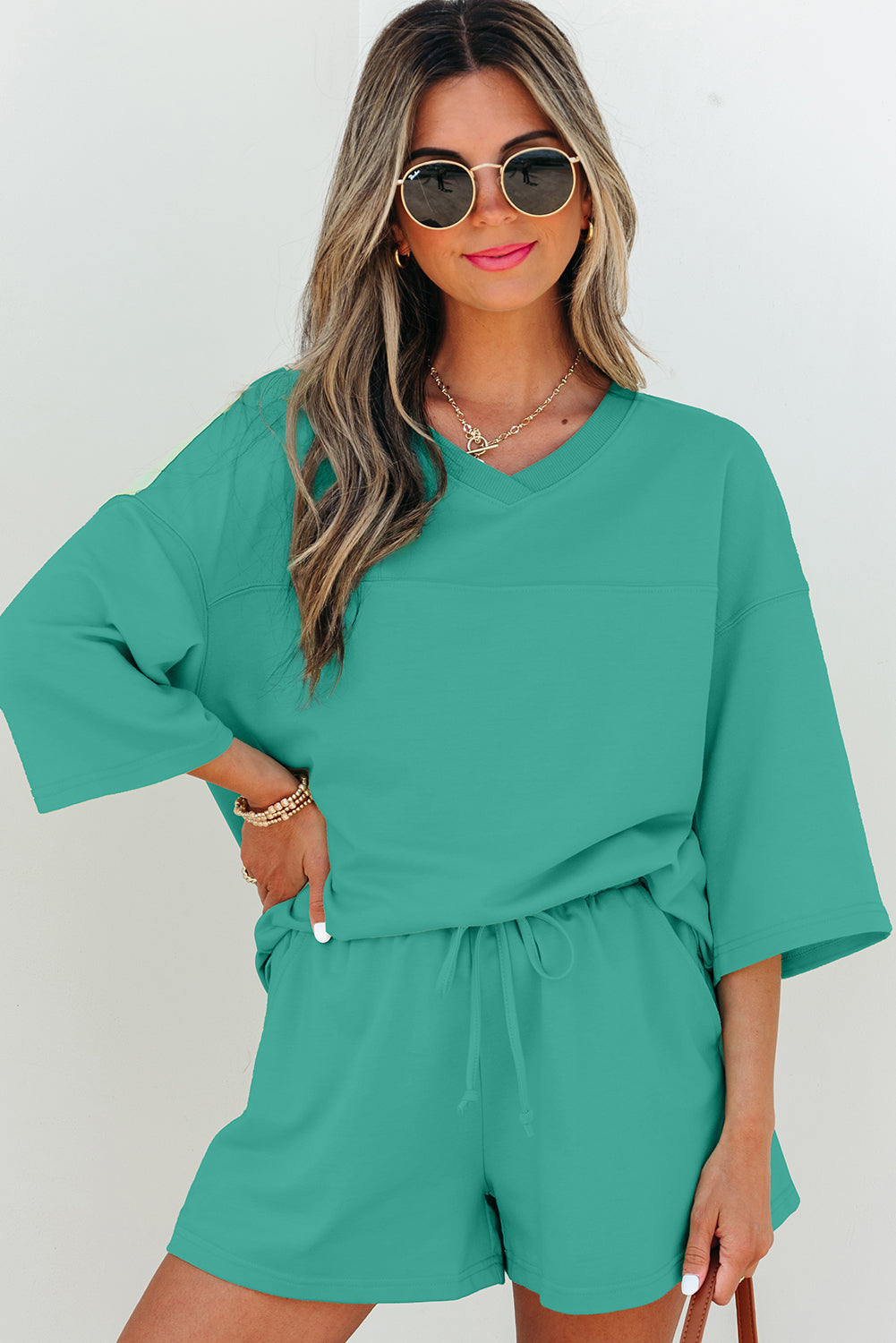Loose V-Neck Half Sleeve Tee Drawstring Shorts Set