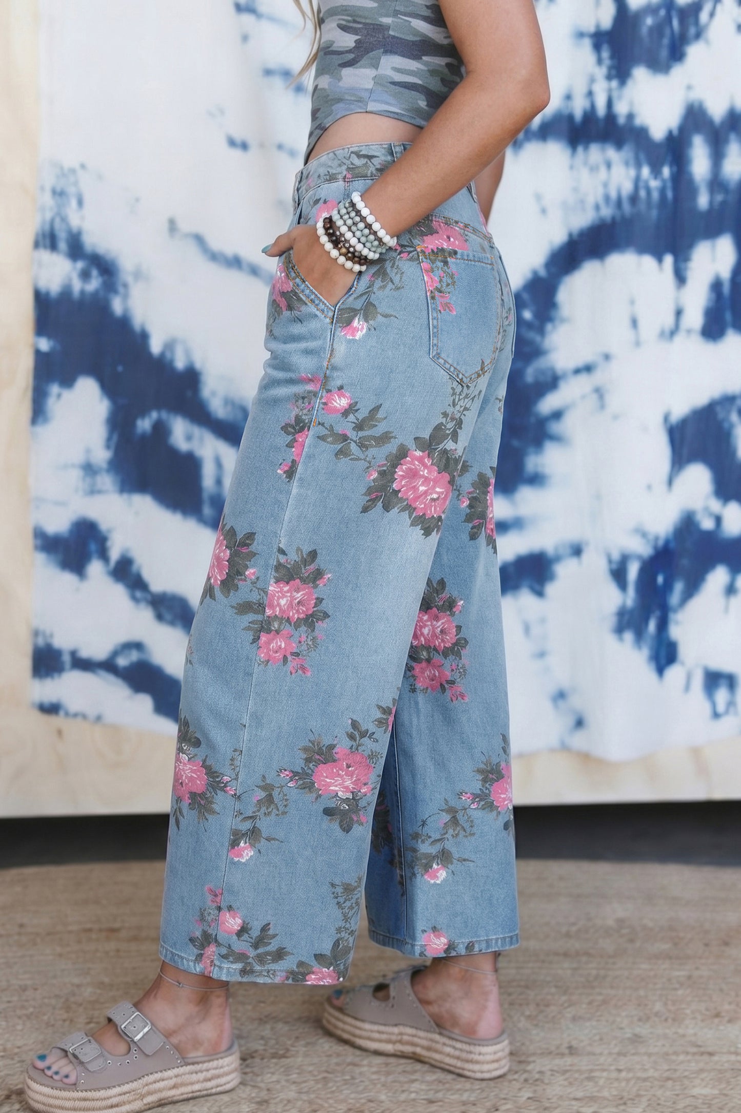Light Blue Floral Print Cropped Wide Leg Jeans Women Size 4–16