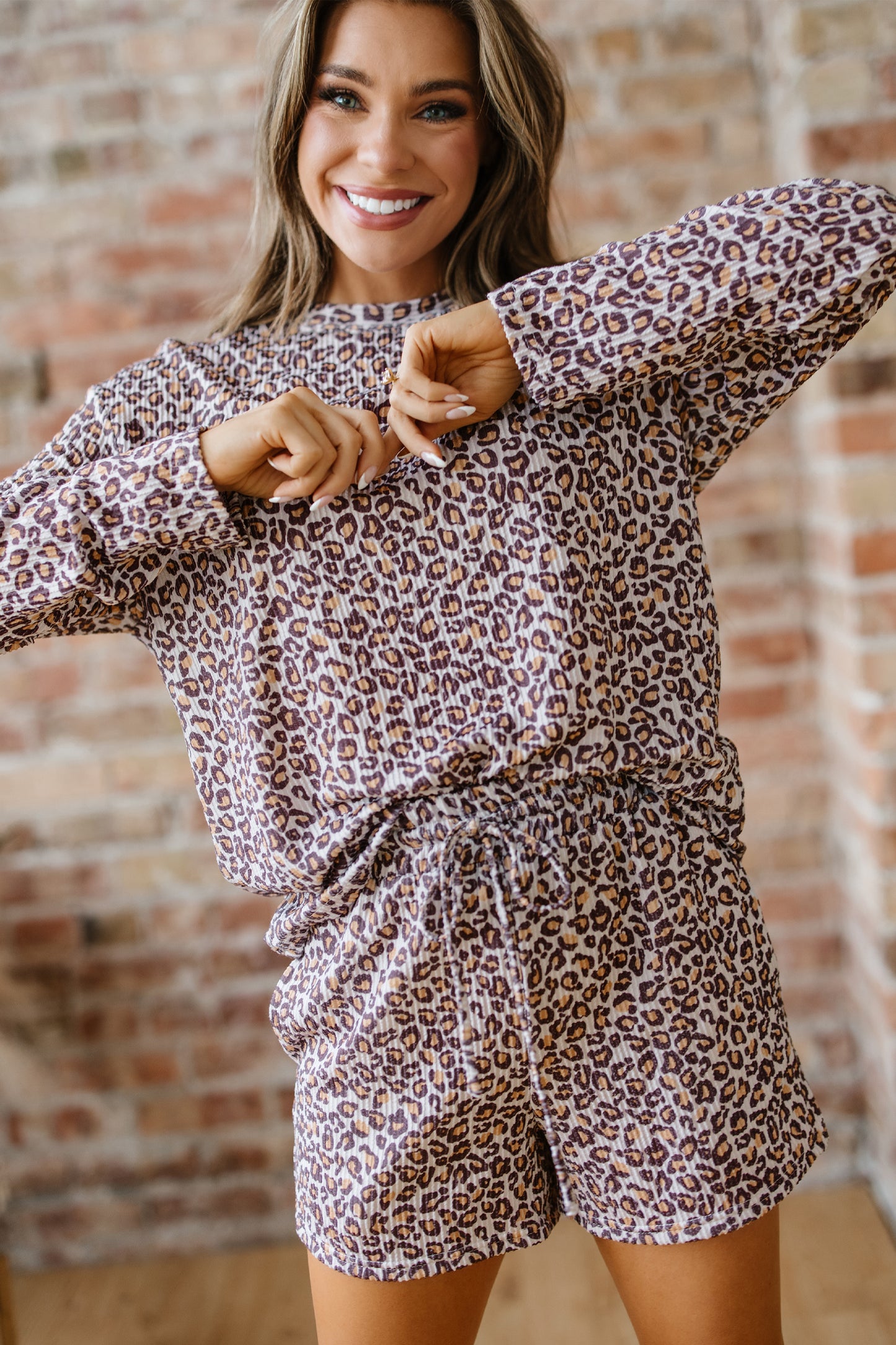 Khaki Leopard Ribbed Long Sleeve Top Drawstring Shorts Set