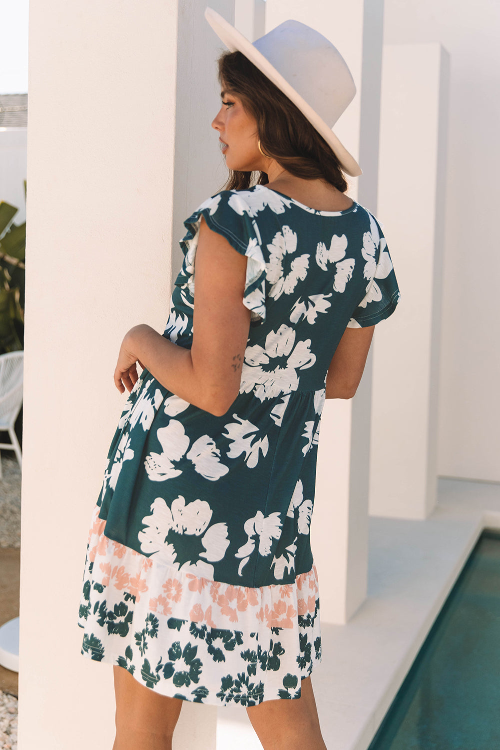 Floral Print Ruffle Sleeve Empire Waist Mini Dress – Green Women S–XL