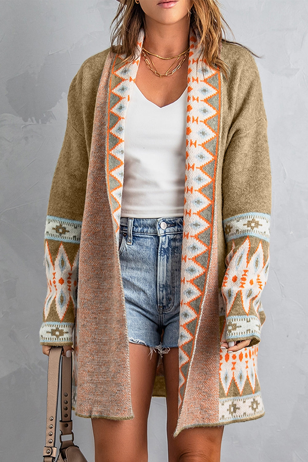 Womens Aztec Print Open Front Knit Cardigan XS to XXL