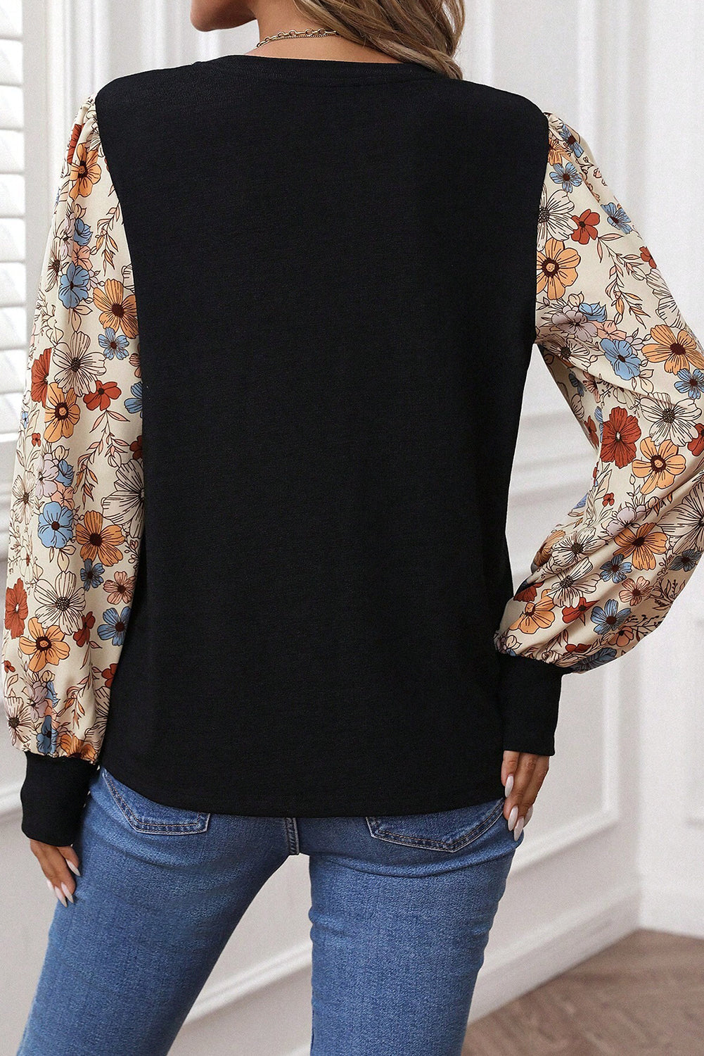 Floral Patchwork Puff Sleeve Stretch Top