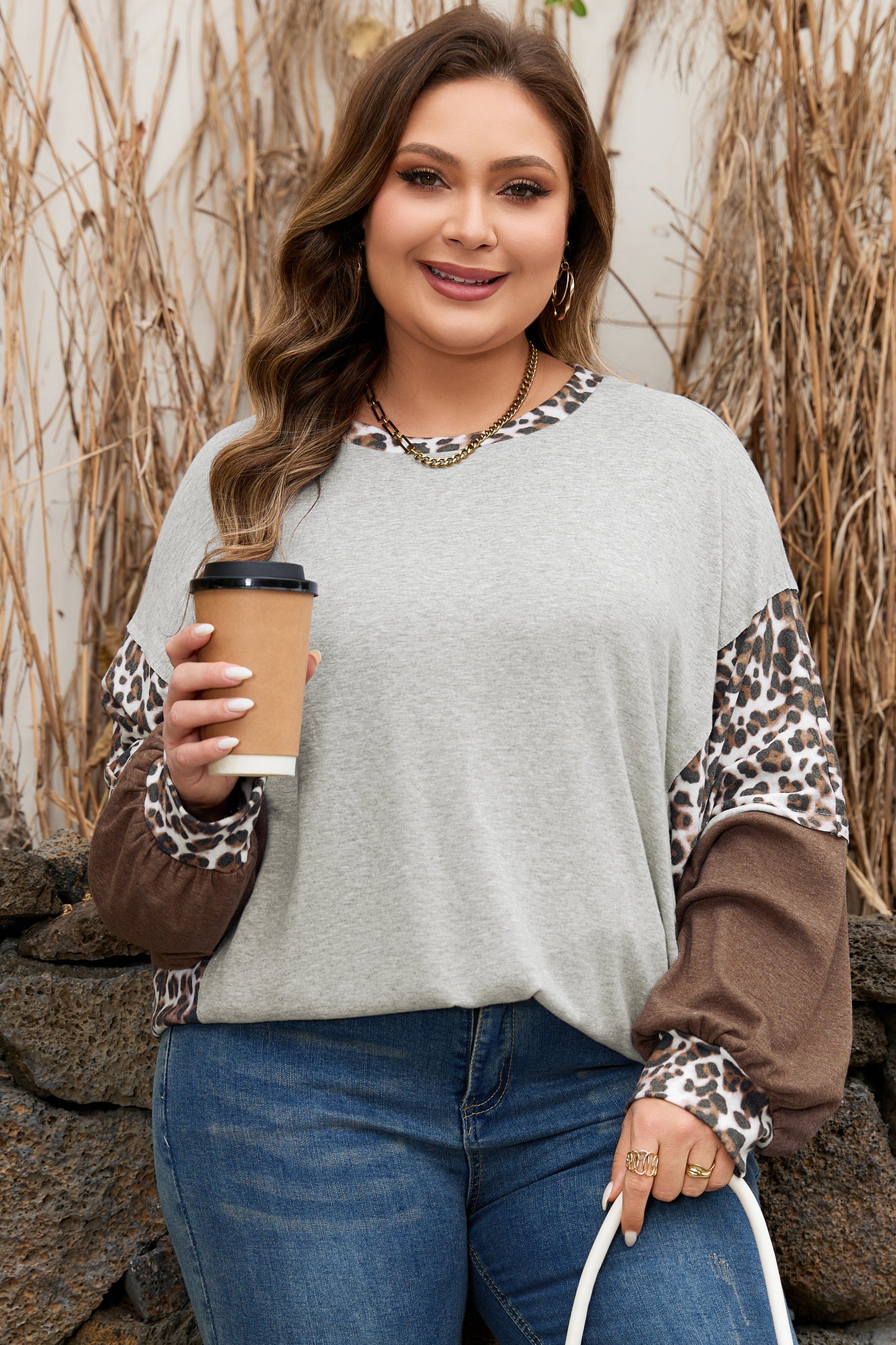 Leopard Color Block Patchwork Dolman Sleeve High-Low Sweatshirt | Plus Size | Grey | 1X–4X