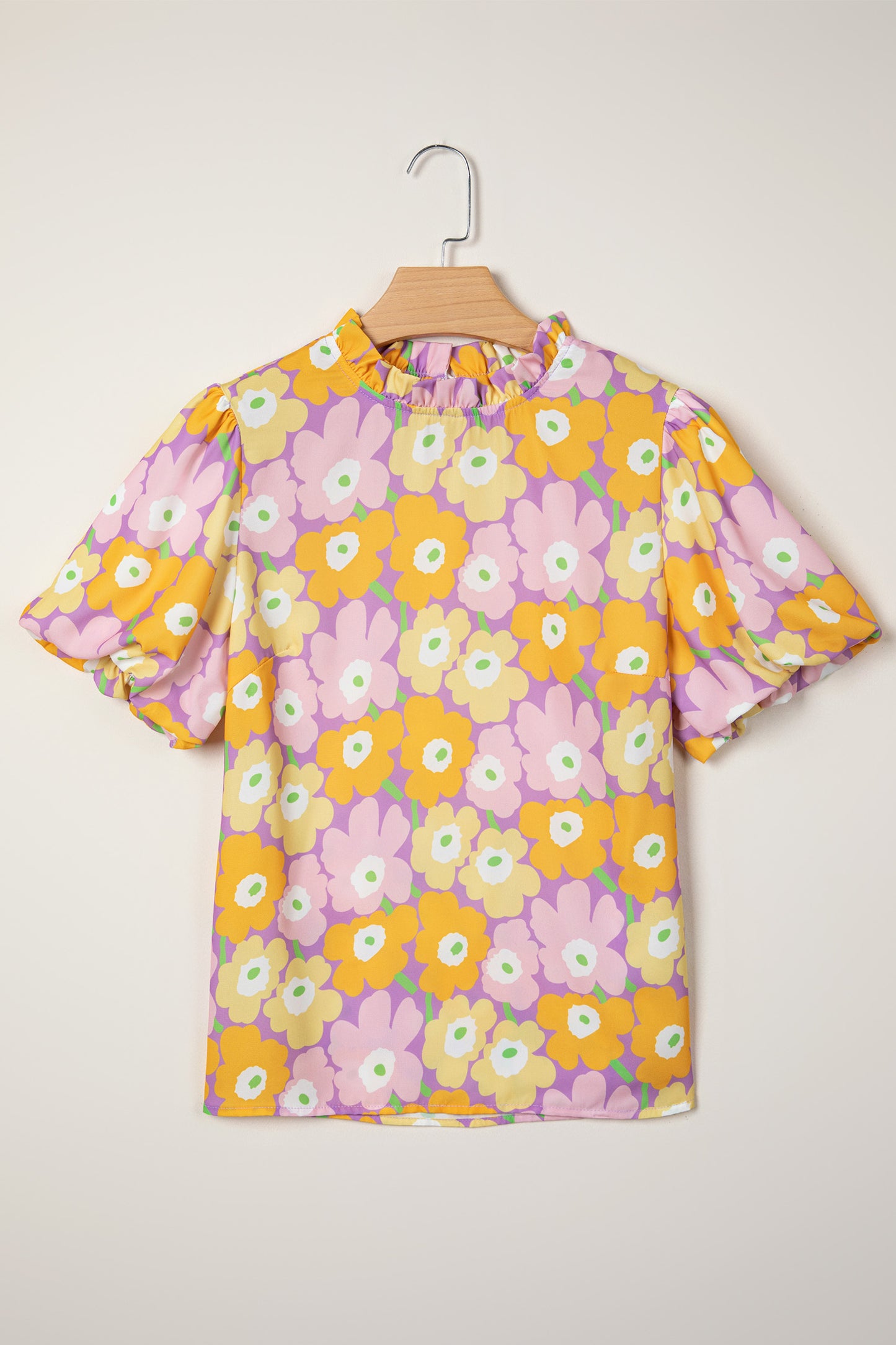 Floral Frilled Neck Puff Sleeve Blouse