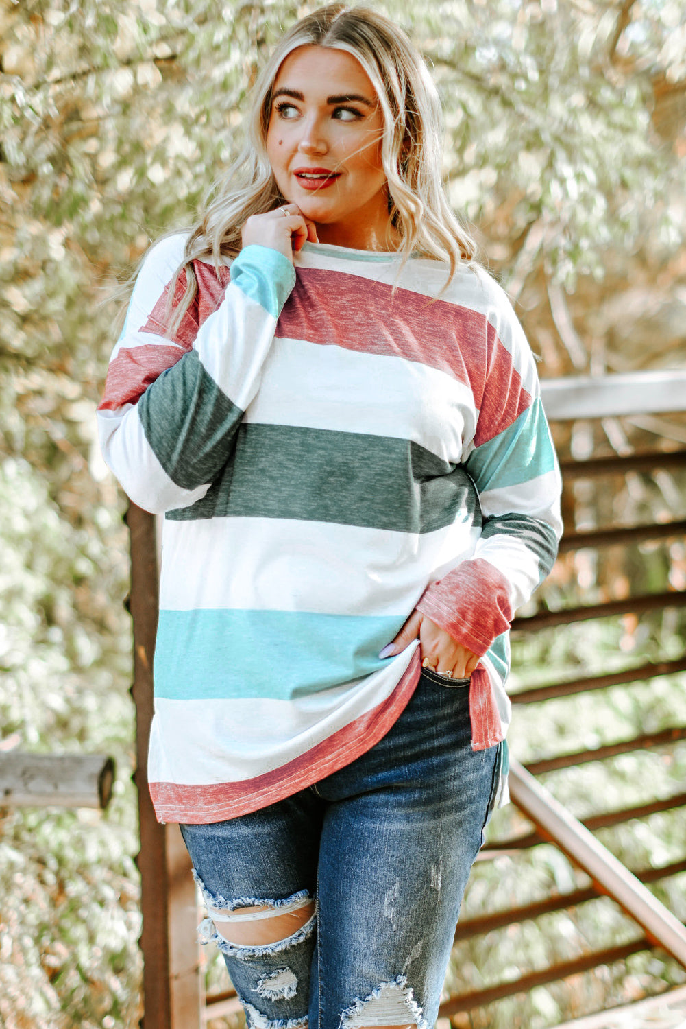 Plus Size Striped Long Sleeve Top Women Multicolor 1X–4X