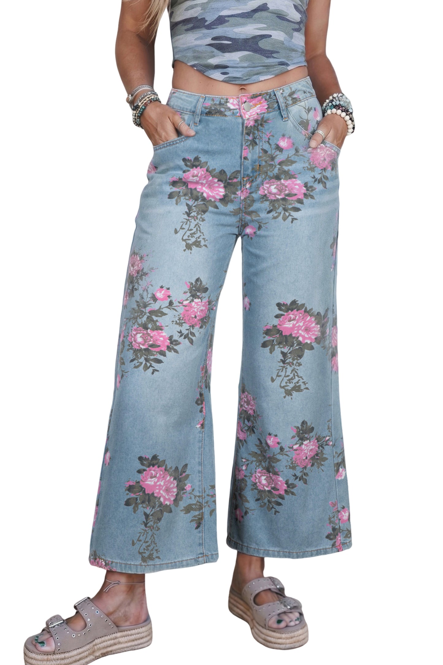 Light Blue Floral Print Cropped Wide Leg Jeans Women Size 4–16