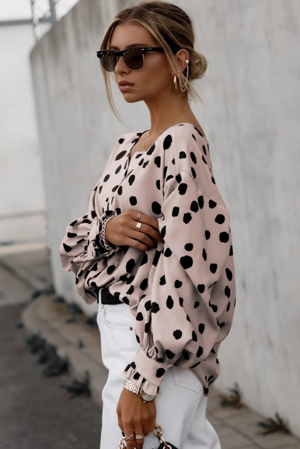 Blush Pink Polka Dot Puff Sleeve Frill Cuff Oversized Blouse