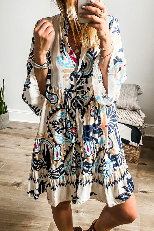 White Tribal Print Bracelet Sleeve Buttoned Mini Dress | S–XL