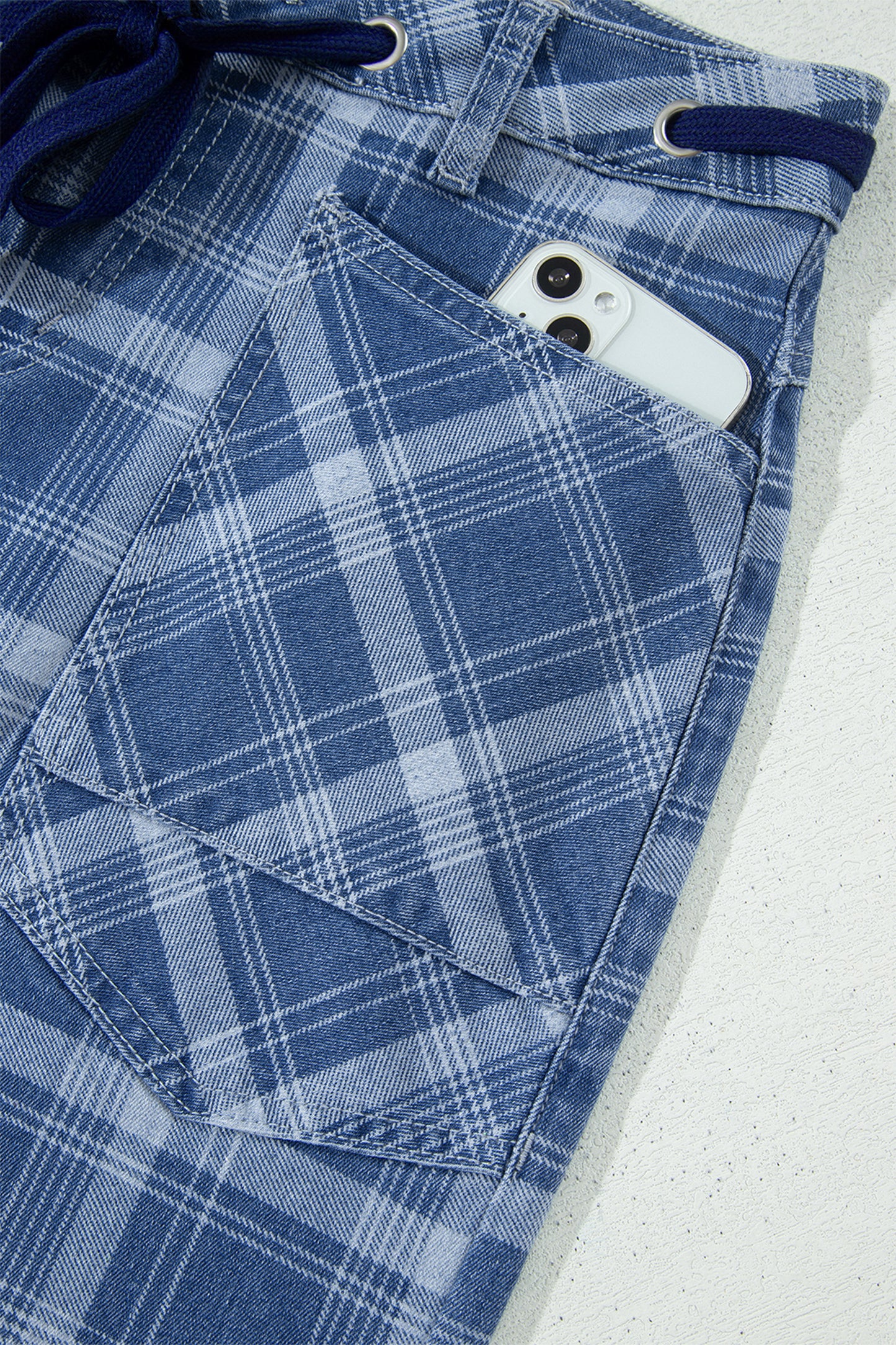 Womens Denim Plaid Drawstring Waist Ankle-Length Jeans S–XL
