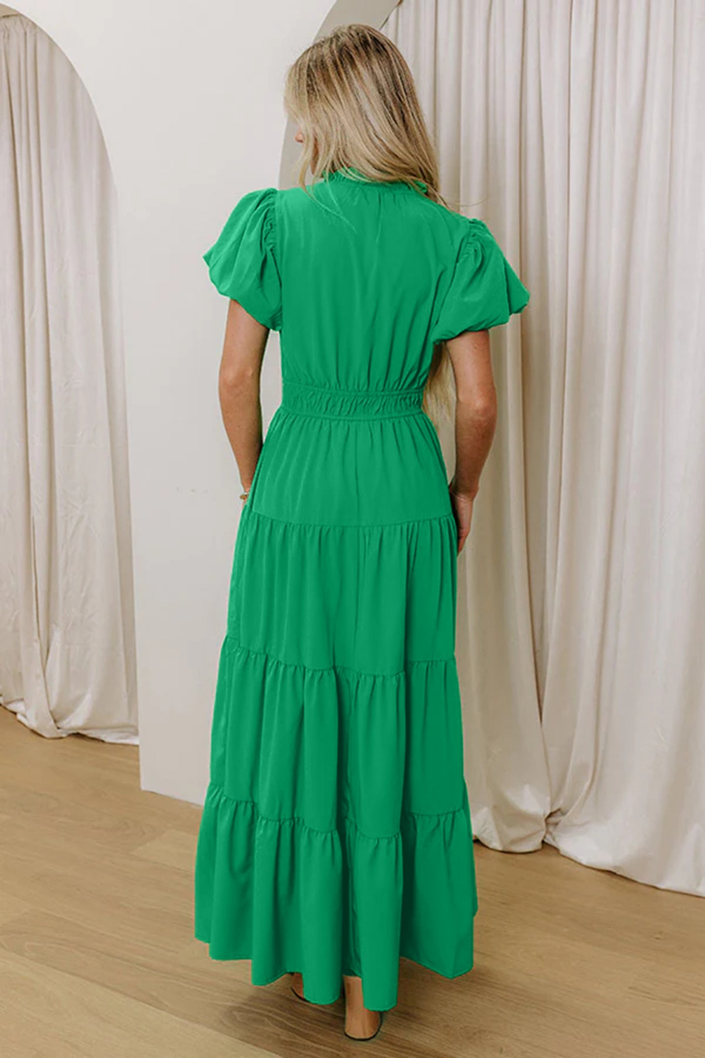 V-Neck Puff Sleeve High Waist Tiered Maxi Dress | 5 Colours | S–XL