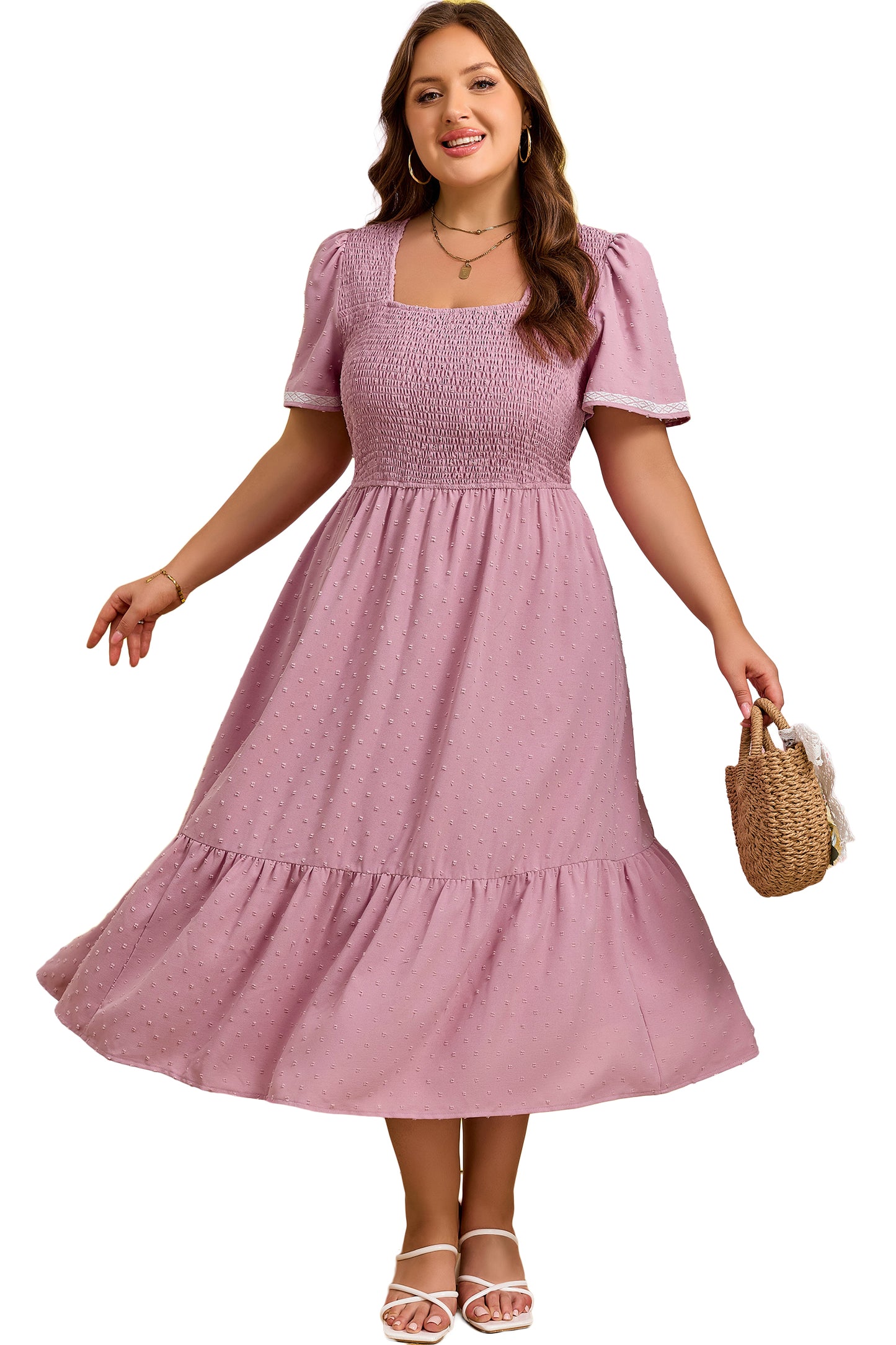 Plus Size Swiss Dot Smocked High Waist Flowy Midi Dress Pink 1X–4X