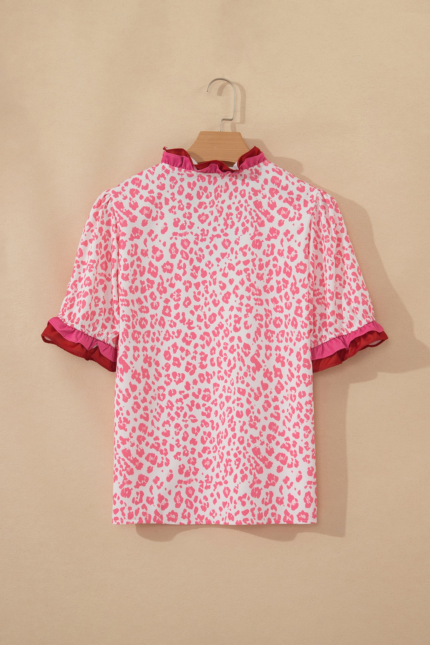 Leopard Print Ruffle Trim V-Neck Blouse