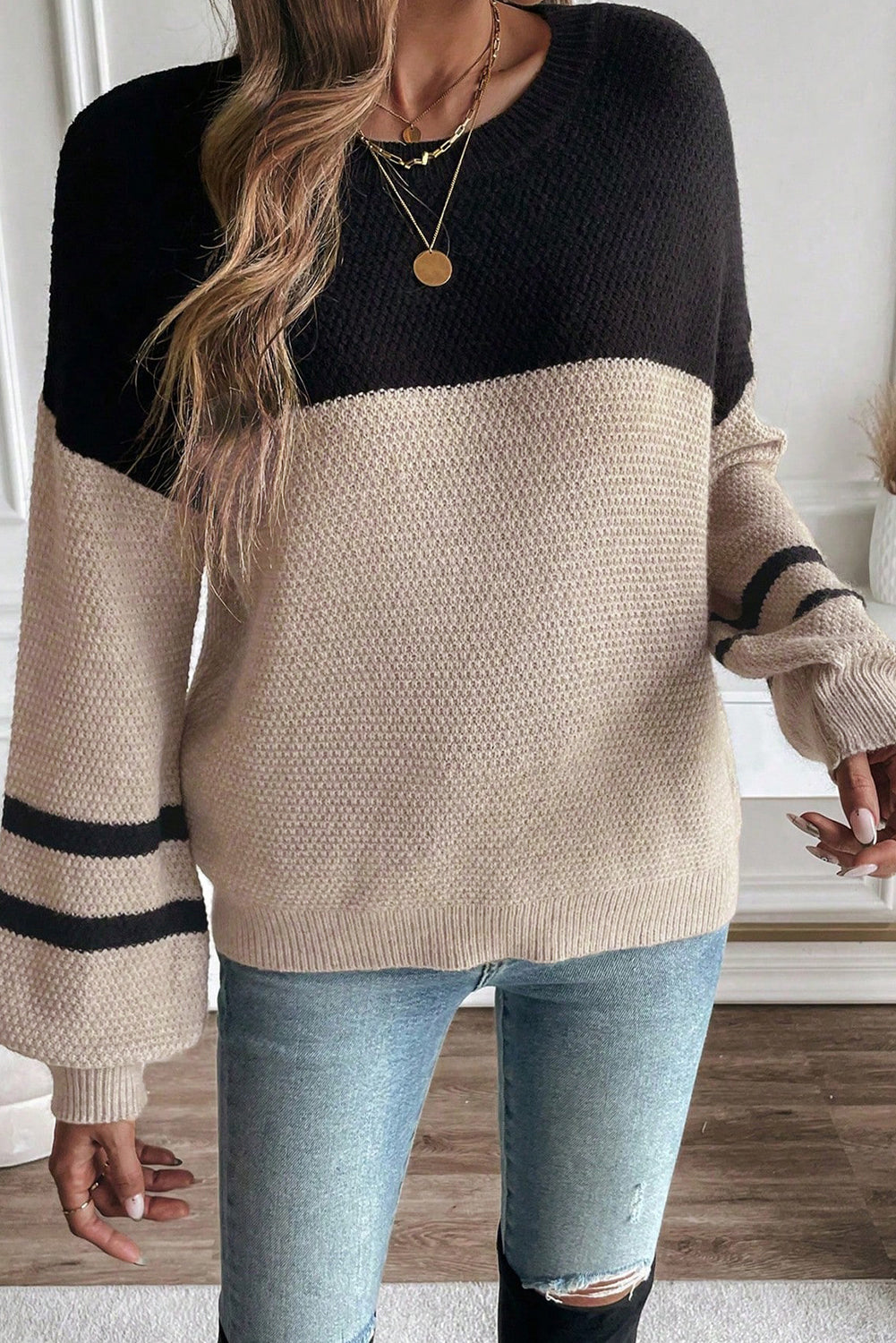 Colorblock Knit Striped Sleeve Sweater