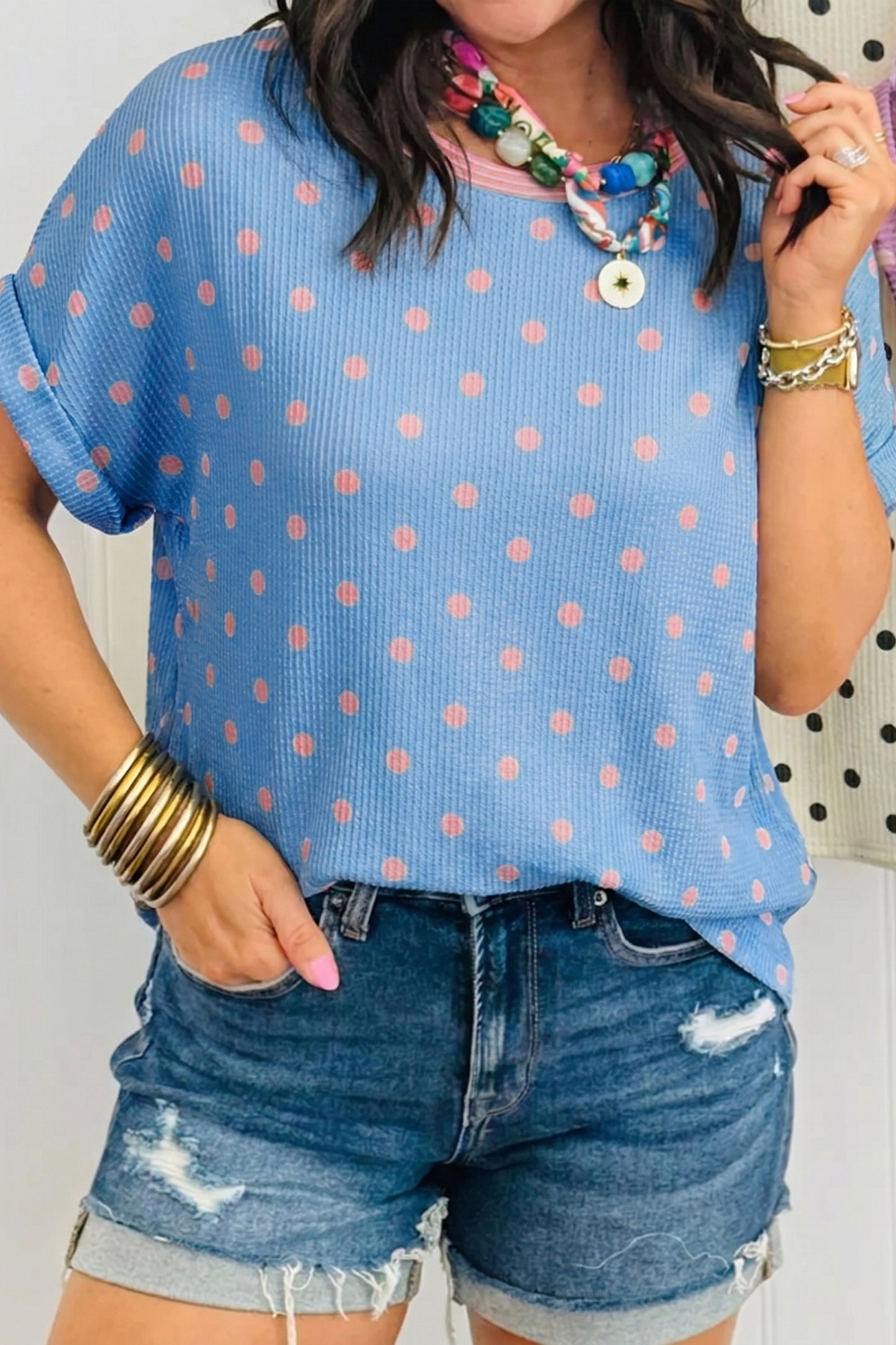 Light Blue Polka Dot Ribbed Short Sleeve Top Women S–XL