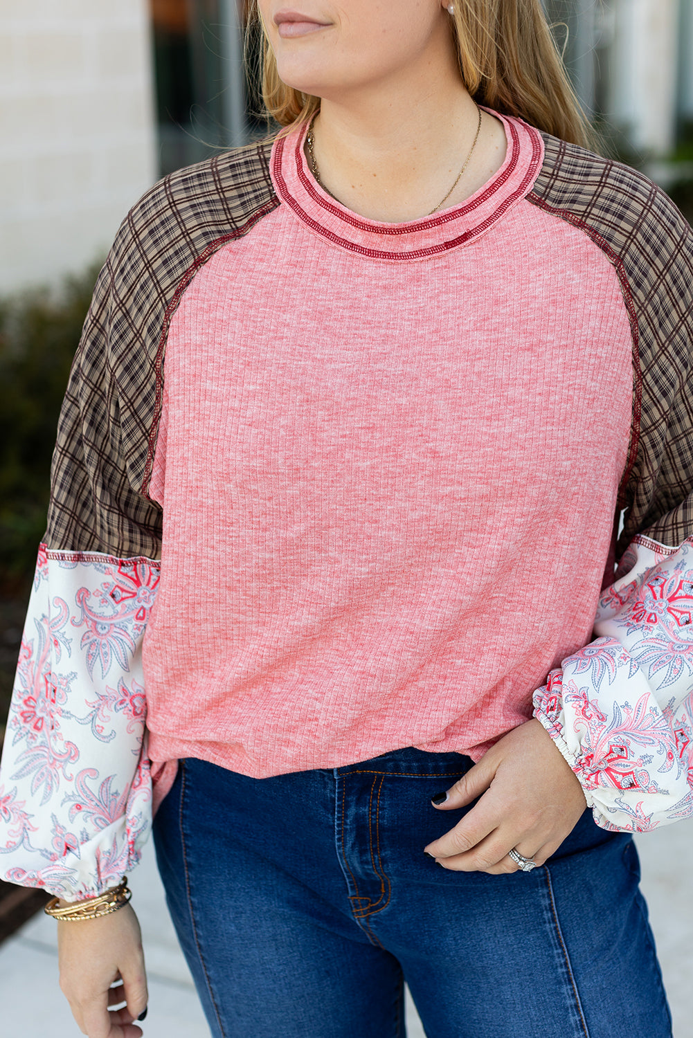 Paisley Patchwork Raglan Sleeve Ribbed Knit Top – Pink Plus Size 1X–4X