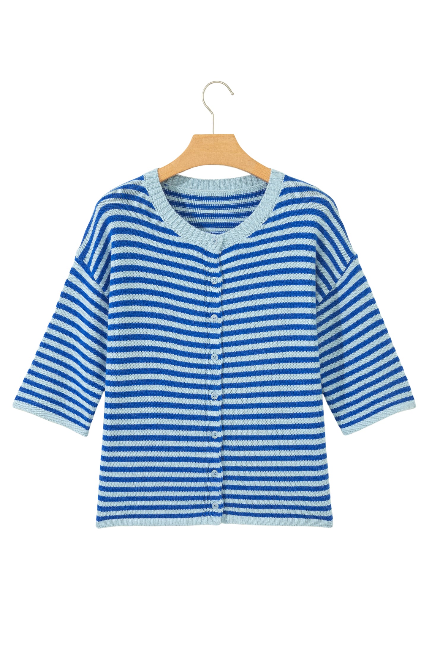 Blue Stripe Knit Button-Down Cardigan – Women S–XL