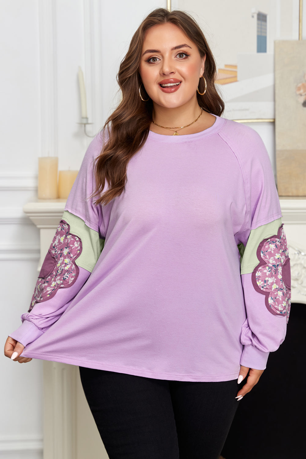 Flower Patch Colorblock Long Sleeve Pullover | Plus Size | Lavender | 1X–4X