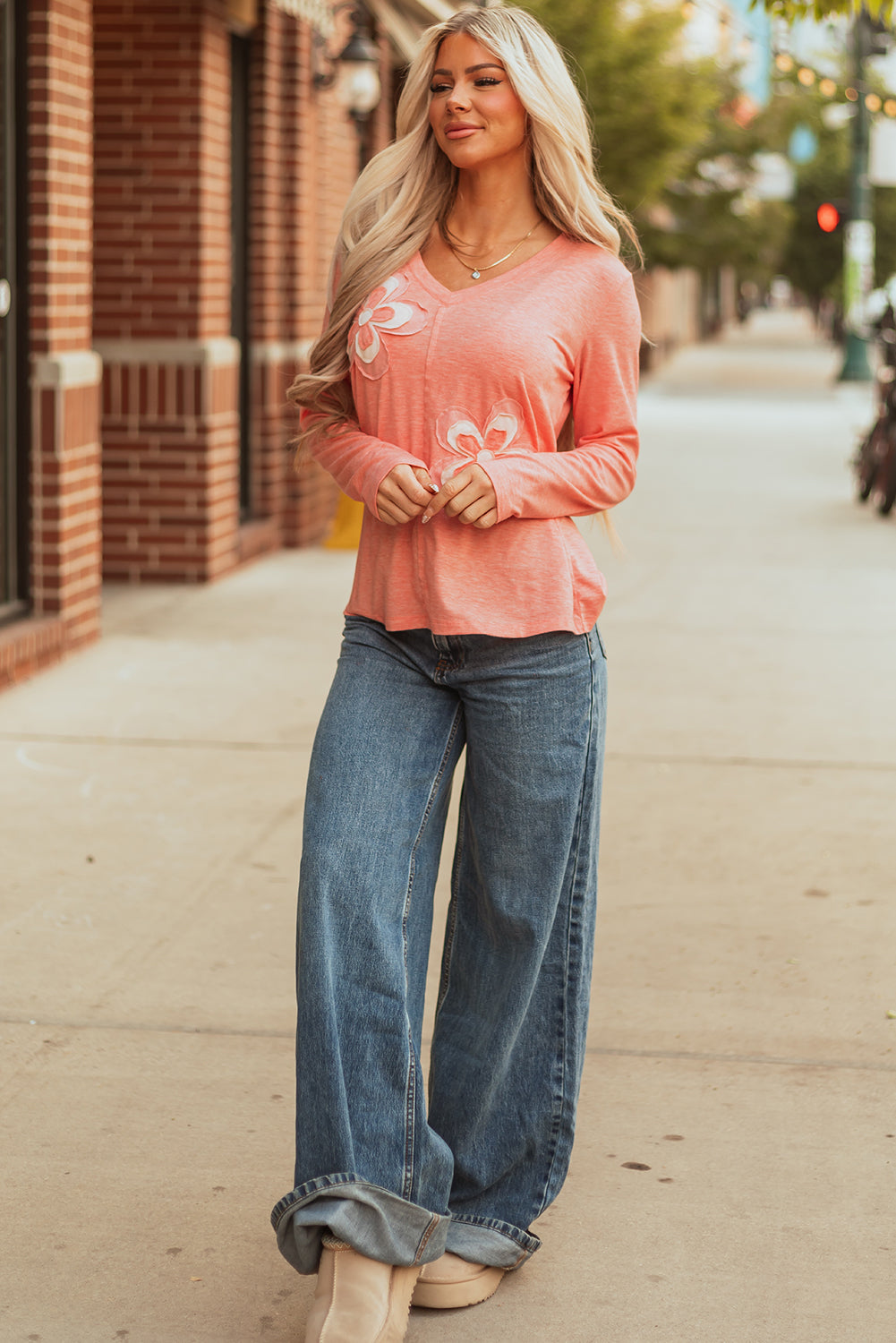 Floral Patchwork V Neck Long Sleeve Shirt