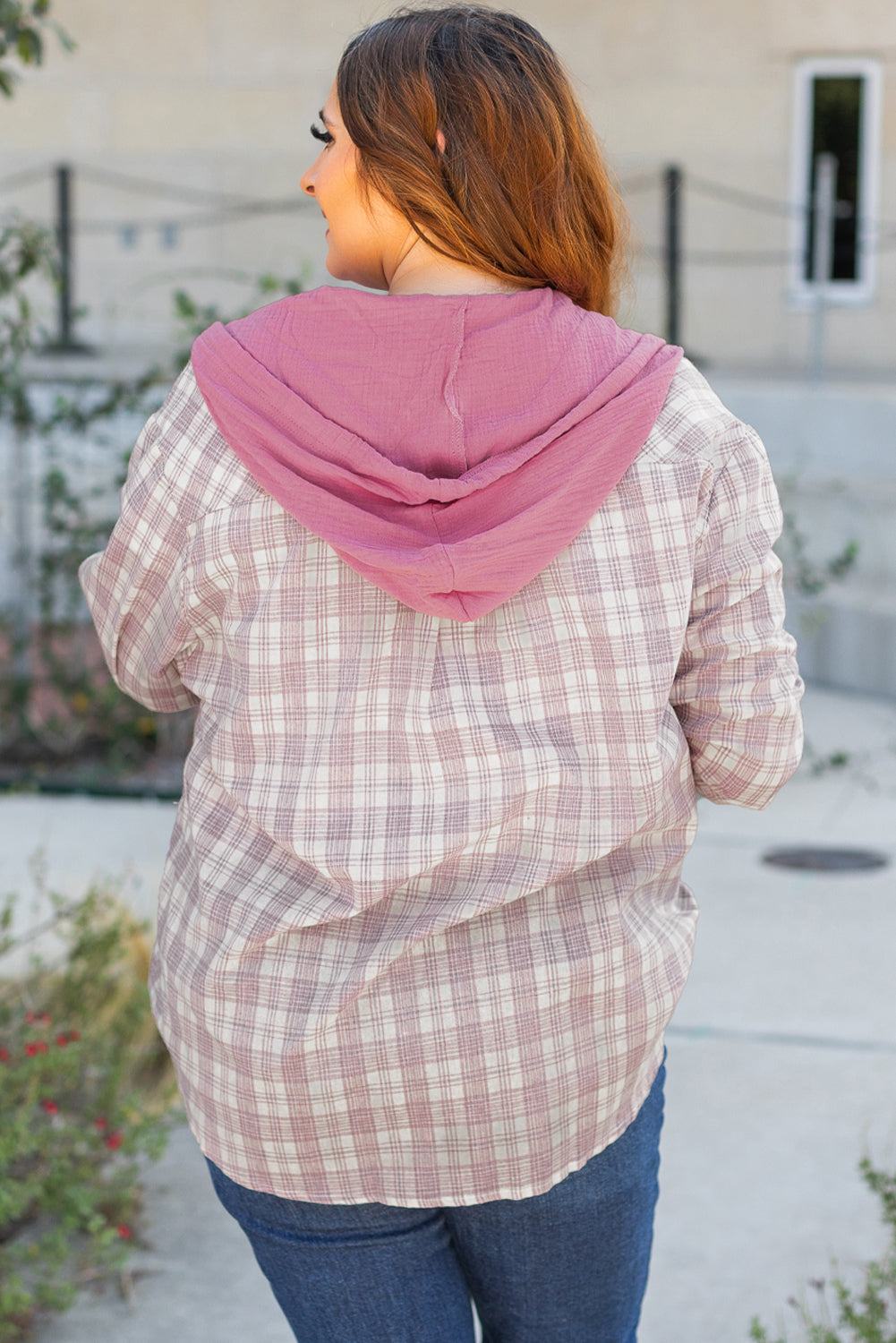 Plaid Print Drawstring Hooded Shirt | Bonbon | 1X–4X