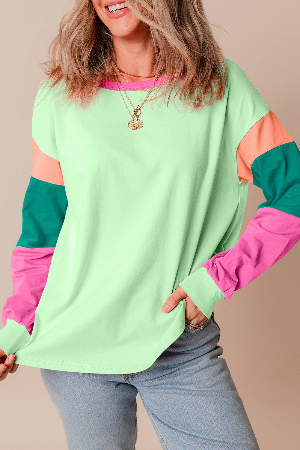 Colorblock Patchwork Long Sleeve Loose Top | Green