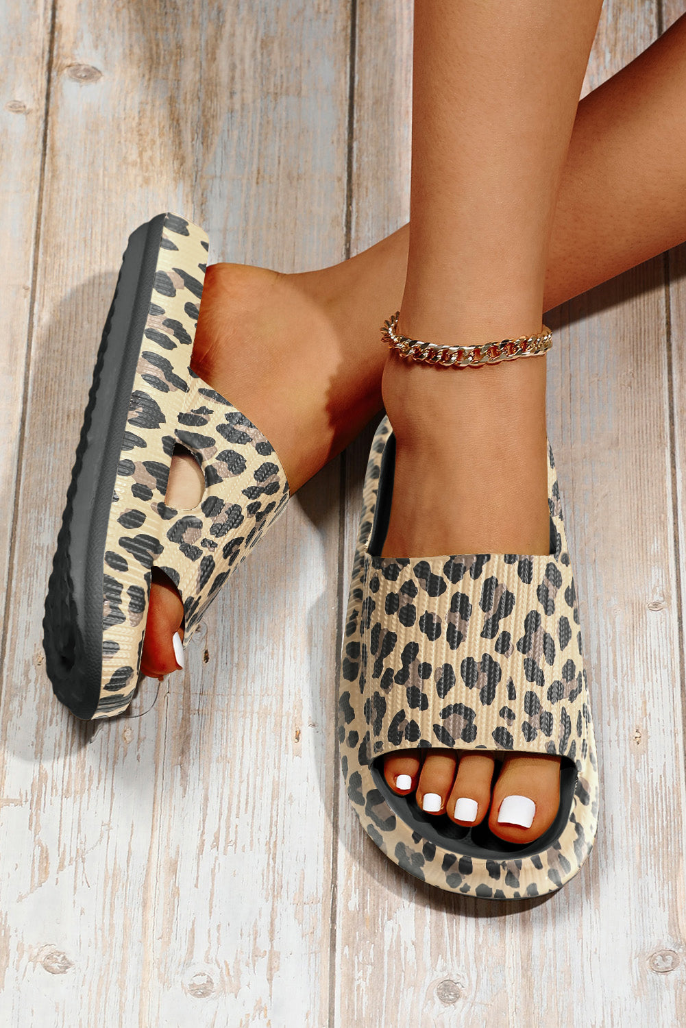 Black Leopard Print Thick Sole Slip-On Flip Flops