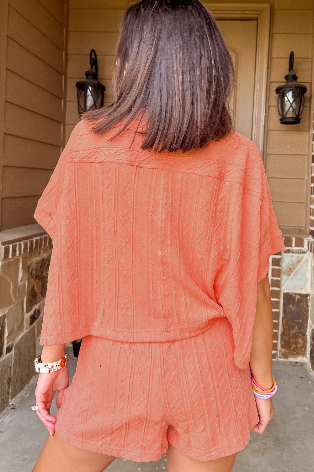 Textured Patched Pocket Short Sleeve Top & Drawstring Shorts Set