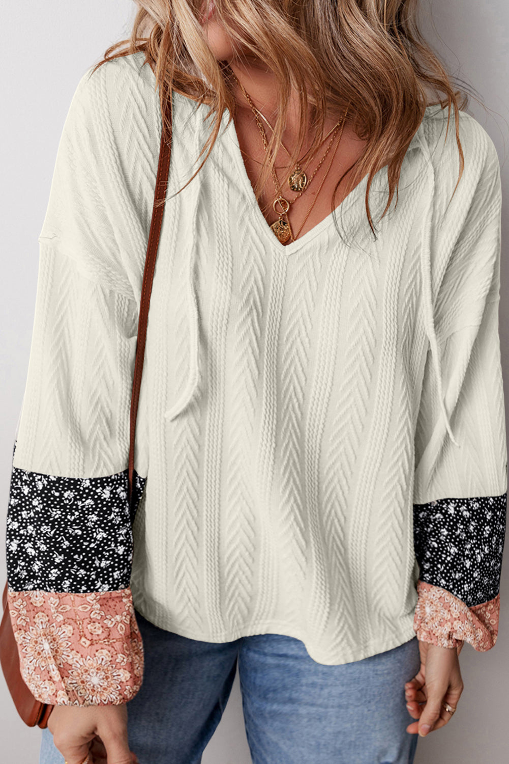 Floral Patchwork Textured Knit Drawstring V-Neck Blouse