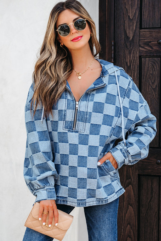 Checkerboard Zip Neck Kangaroo Pocket Denim Hoodie