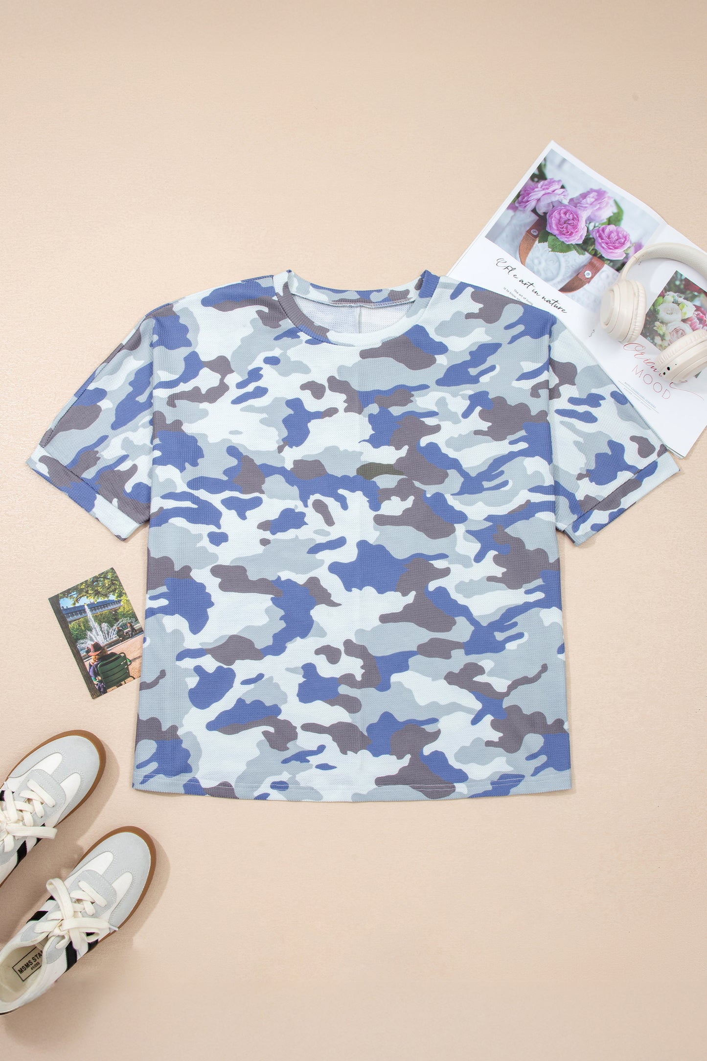 Plus Size Grey & Blue Camo Print Textured Casual Tee | 1X–4X