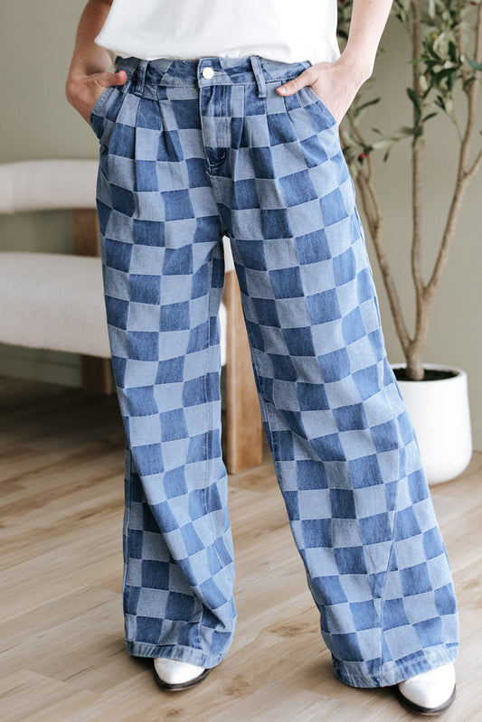 Denim Wide Leg Jeans Checkered Light Blue Women Size 4–16