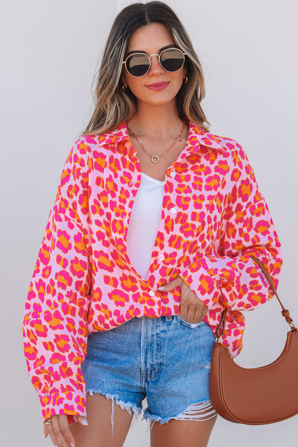 Rose Leopard Print Button-Up Loose Shirt – Women's Casual Blouse (S–XL)