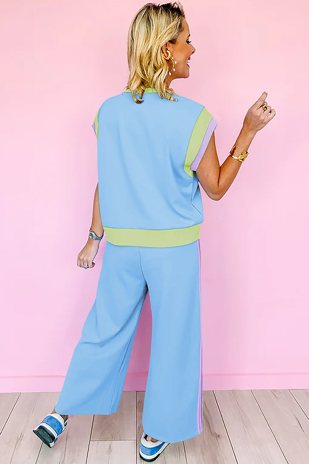 Color Block Crew Neck Cap Sleeve Top & Ankle Wide Leg Pants Set | S–2XL | 7 Colours