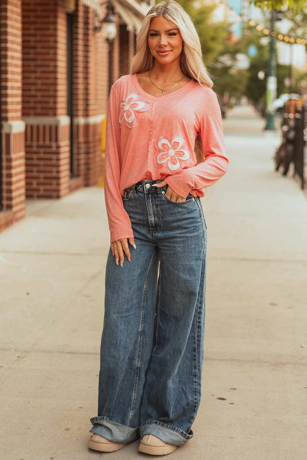 Floral Patchwork V Neck Long Sleeve Shirt
