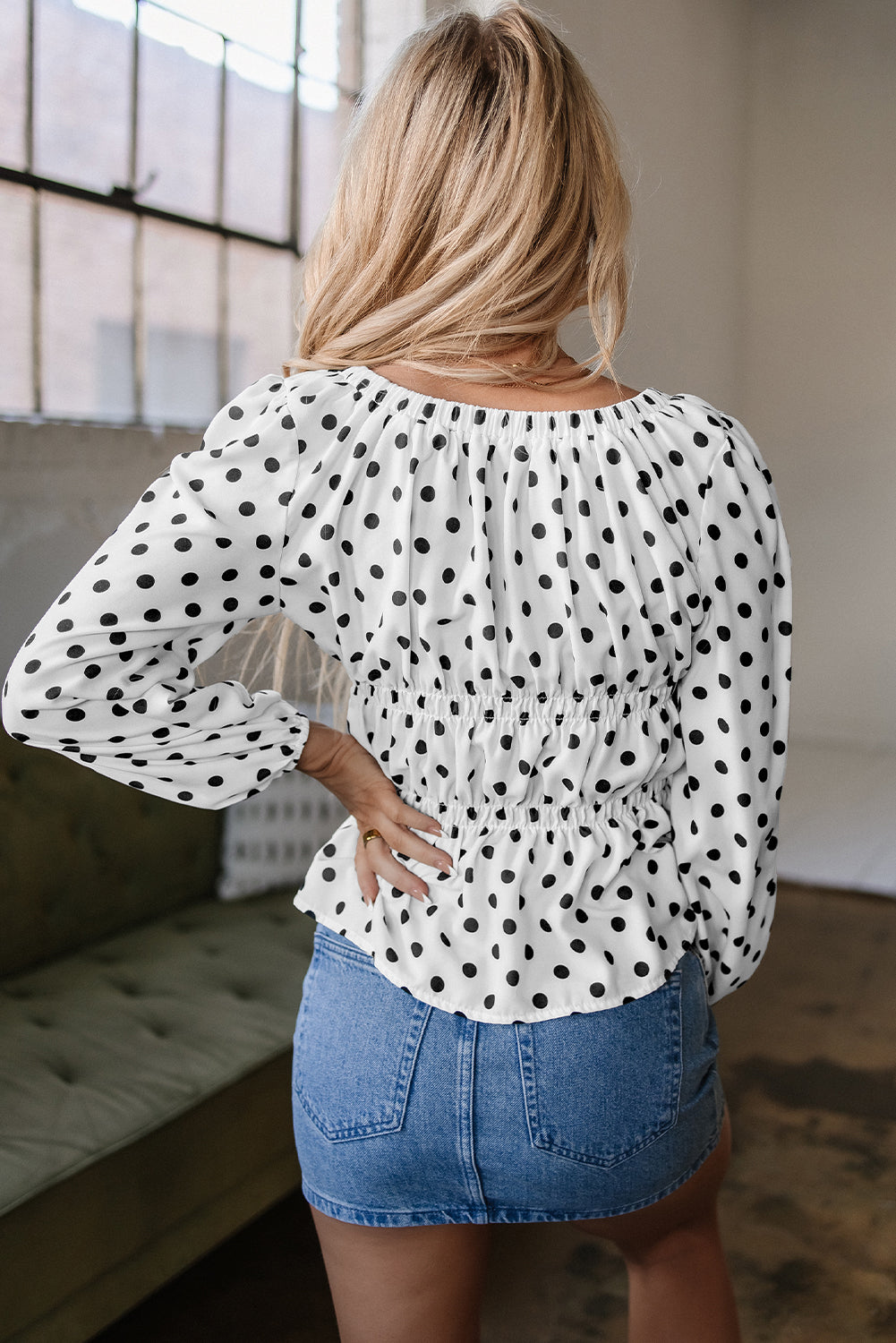 Black Polka Dot Puff Sleeve Bow Square Neck Peplum Top – Women's Figure-Flattering Dressy Top (S–XL)
