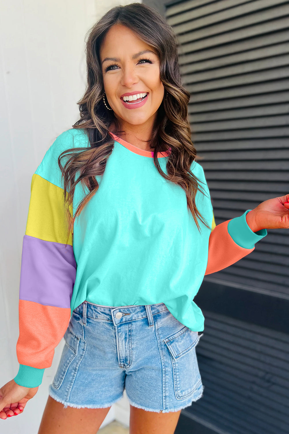 Colorblock Patchwork Long Sleeve Loose Top | Light Blue