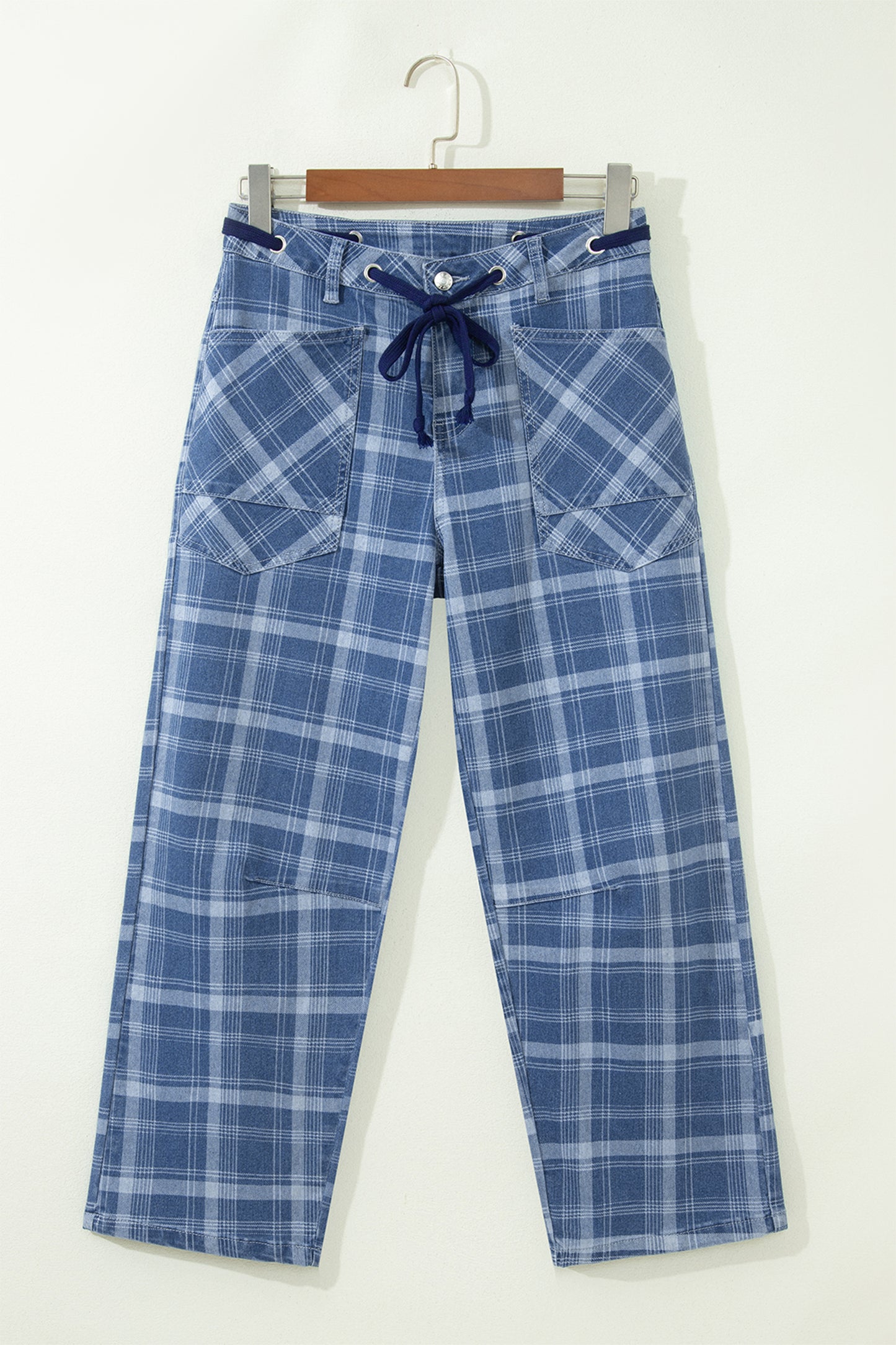 Womens Denim Plaid Drawstring Waist Ankle-Length Jeans S–XL