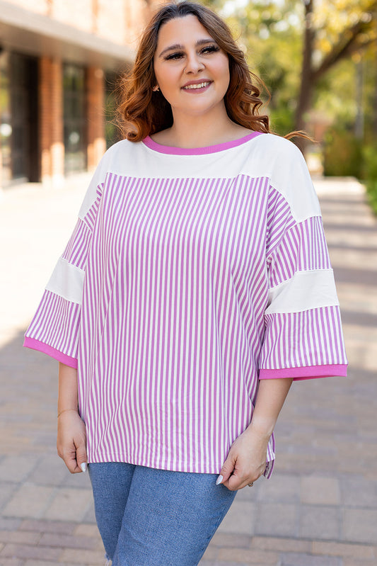 Stripe Patchwork Bracelet Sleeve T-Shirt | Plus Size | Pink Stripe | 1X–3X