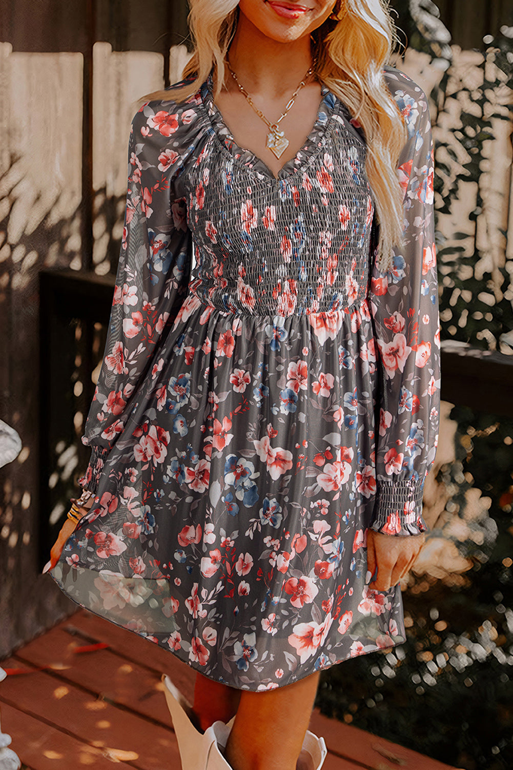 Floral Mesh Smocked Bodice Frill Neck Long Sleeve Mini Dress – Brown Women S–XL